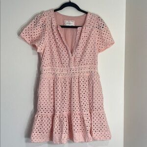 🌷 EUC Anthropologie Pink Eyelet Embroidered Short Sleeve Dress Size L
